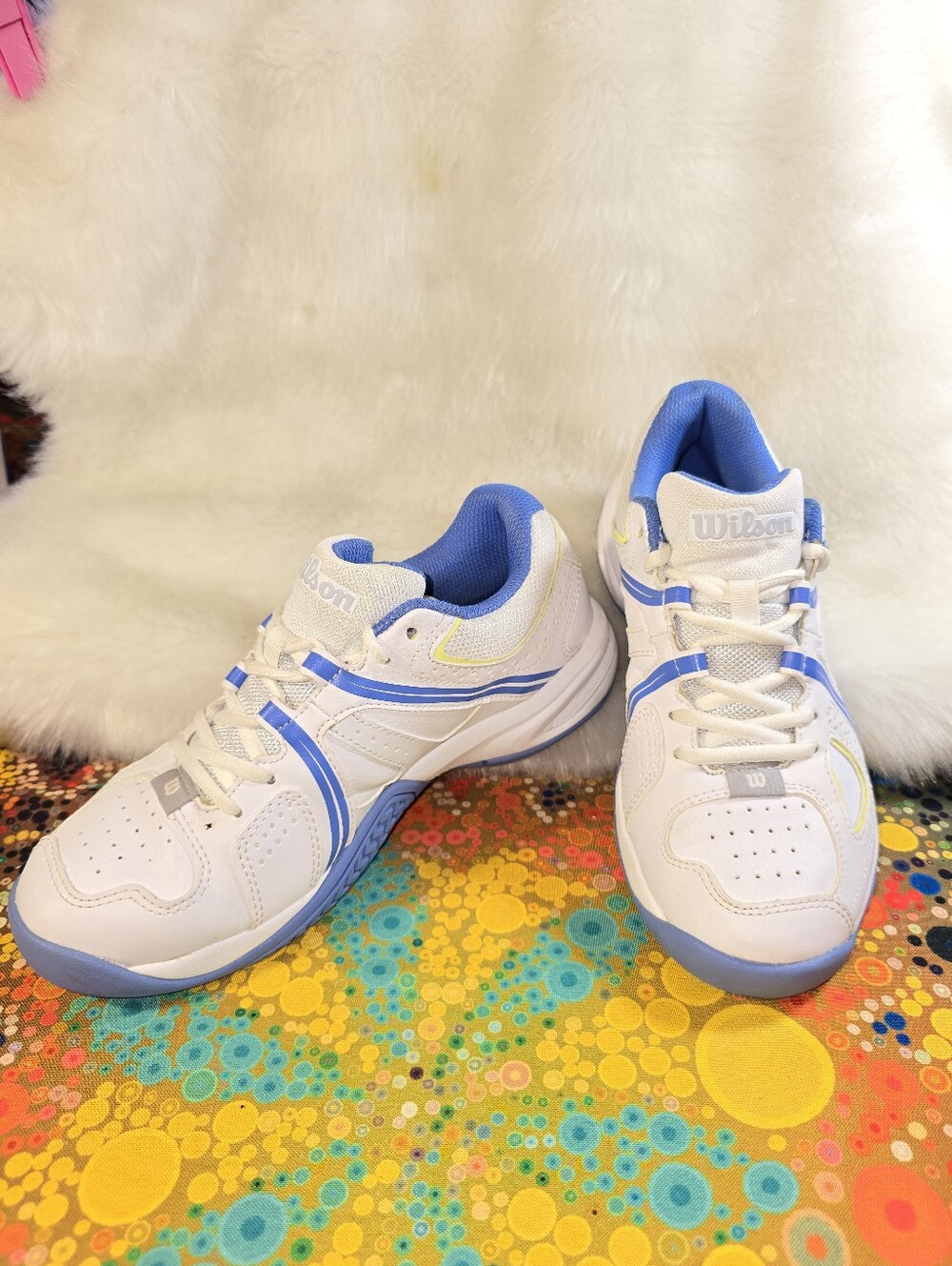 Wilson Rush Pro Women's Tennis Shoe White Sneakers with Blue and Yellow Accents - Picture 2 of 14